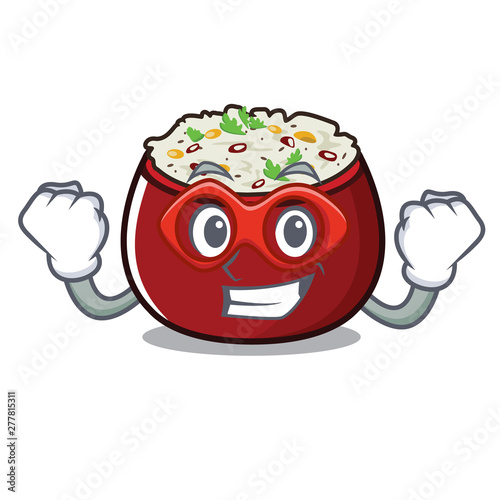 Super hero curd rice above wooden cartoon table