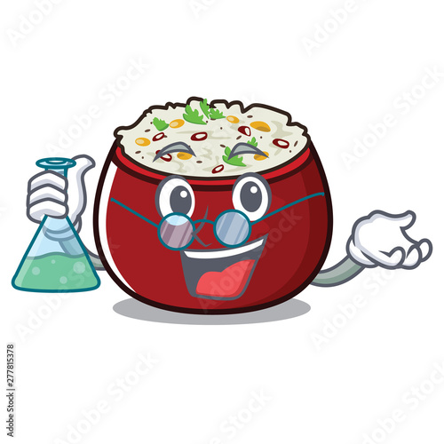 Professor curd rice above wooden cartoon table