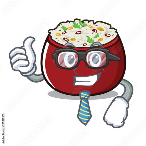 Businessman curd rice above wooden cartoon table