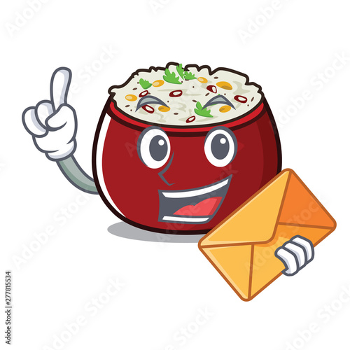With envelope curd rice above wooden cartoon table