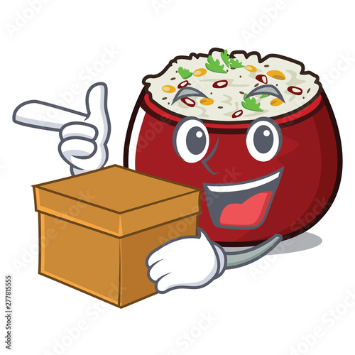 With box curd rice above wooden cartoon table