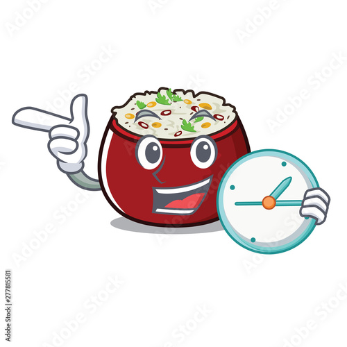 With clock curd rice above wooden cartoon table