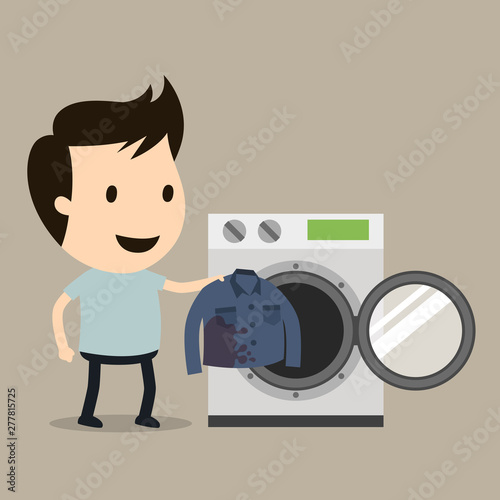Worker washing contaminated work clothes, Vector illustration, Safety and accident, Industrial safety cartoon