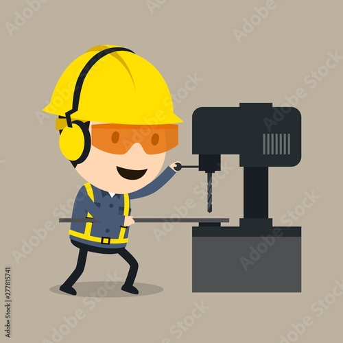 Wear personal protective equipment and proceed with drilling, Vector illustration, Safety and accident, Industrial safety cartoon