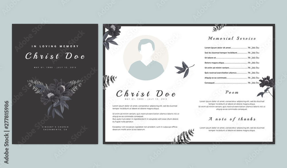 Botanical memorial and funeral invitation card template design, black paenia lactiflora flowers and fern on dark gray background