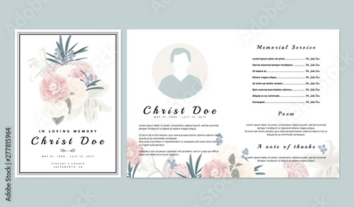 Botanical memorial and funeral invitation card template design, pink and white roses, lilies with leaves on white background