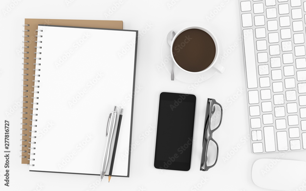 Office desk with blank empty book, keyboard, glasses, phone and coffee cup top view on white background, workspace design illustration 3D rendering Office desk with blank empty book, keyboard, glasses, phone and coffee cup top view on white background, workspace design illustration 3D rendering