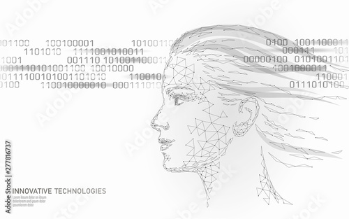 Low poly female human face biometric identification. Recognition system concept. Personal data secure access scanning innovation technology. 3D polygonal rendering vector illustration