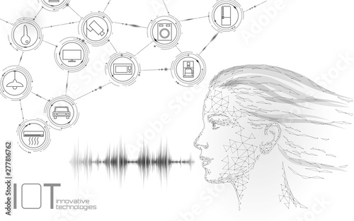Virtual assistant voice recognition service technology. AI artificial intelligence robot support. Chatbot young girl face low poly vector illustration