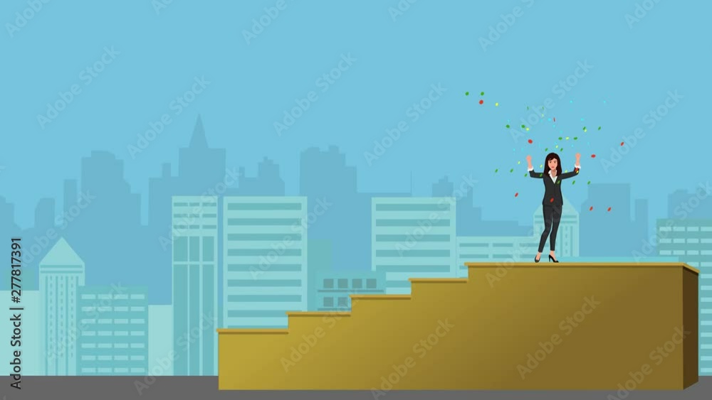 A Cartoon or Animated Version of a Business Woman Leader, Entrepreneur, or a Sales Executive Climbing up a Staircase to Indicate Growth, & Business Growth Concept and Celebratory Confetti A Cartoon or Animated Version of a Business Woman Leader, Entrepreneur, or a Sales Executive Climbing up a Staircase to Indicate Growth, & Business Growth Concept and Celebratory Confetti