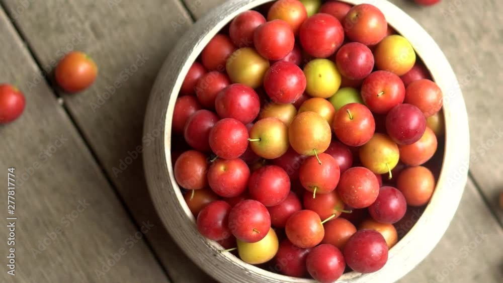 Panning on fresh cherry plums in a bowl. Panning on fresh cherry plums in a bowl.