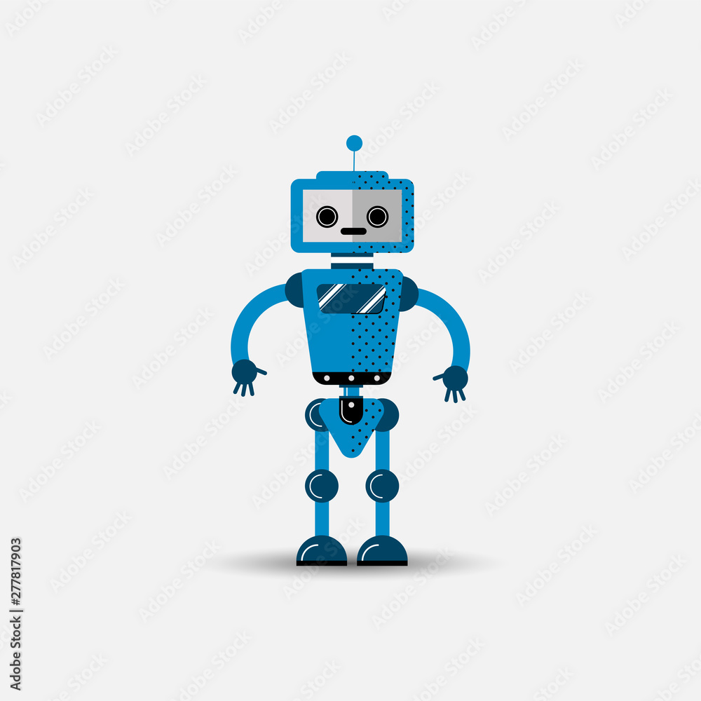 Funny vector robot icon in flat style isolated on grey background. Cute flat Vector illustration of Chatbot icon, vintage friendly AI robot. Customer support service chat bot. Cute cartoon robot icon