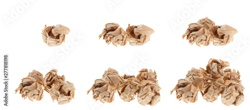 A set of images where a frame by frame increases a bunch of crumpled lumps of paper. Isolated on white background.