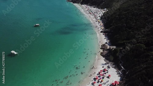 Drone view tropical beach Pontal do Atalaia, Arraial do Cabo, Rio de Janeiro. Rocky montains.