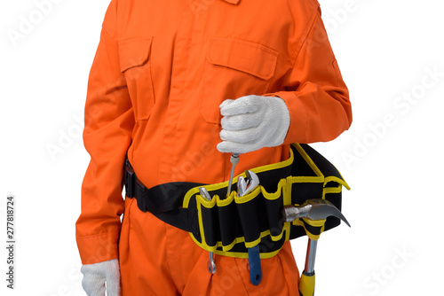 construction workers wearing Orange Protective clothes, helmet hand holding screwdriver with tool belt isolated on white backround