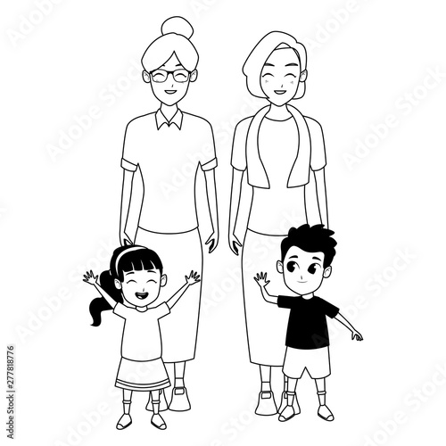 Family grandparents and grandchildren cartoons in black and white
