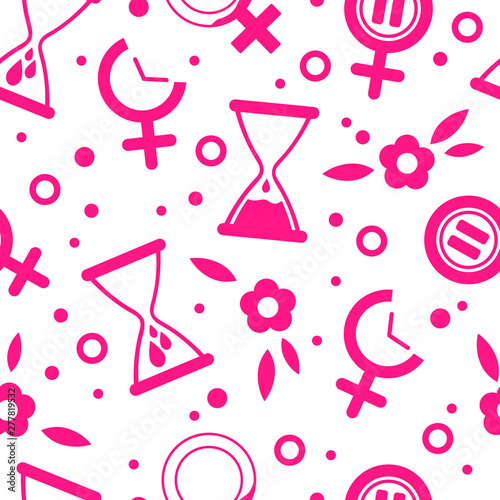 Seamless vector pattern with pink female gender icon. Medical symbol with blood drops, hourglass and pause. Concept of menstruation period, pregnancy or menopause. Vector illustration in flat style