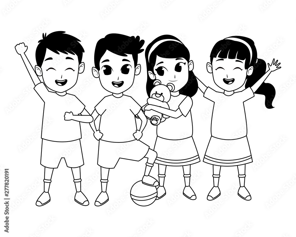 Kids friends playing and smiling cartoons in black and white Stock Vector |  Adobe Stock