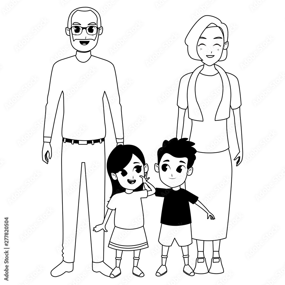 Family grandparents and grandchildren cartoons in black and white Family grandparents and grandchildren cartoons in black and white