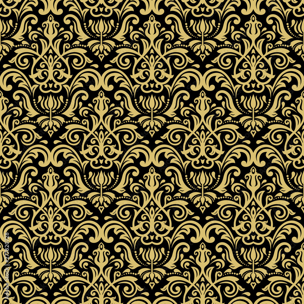 Classic seamless pattern. Damask orient ornament. Classic vintage black and golden background