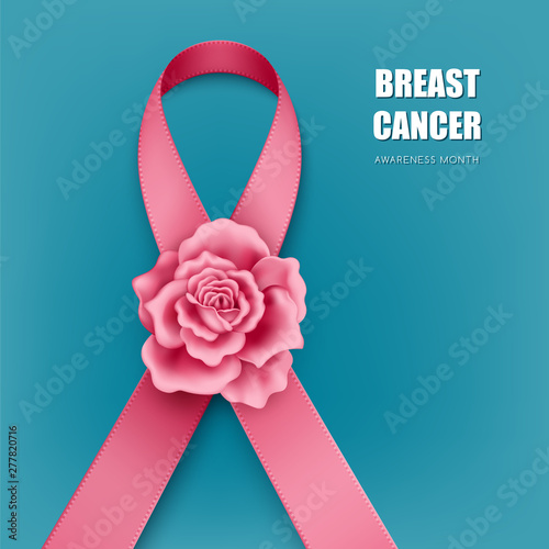 Realistic pink ribbon with rose on turquoise background. Symbol of breast cancer awareness