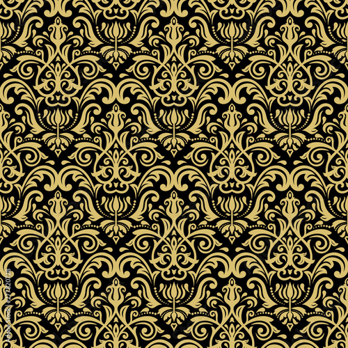 Classic seamless pattern. Damask orient ornament. Classic vintage black and golden background