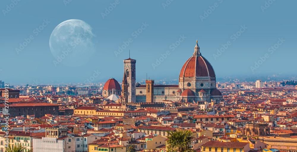 Panorama of Florence and Cathedral of Santa Maria del Fiore (Duomo) in Florence with full moon 