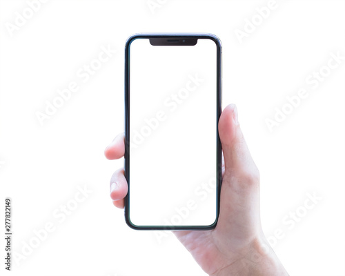 Smartphone in woman's hand isolated on white background with blank screen (clipping path)  for digital mobile smart phone mockup and template photo