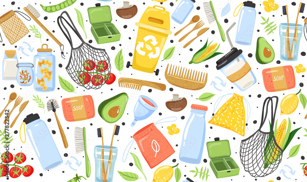 Seamless pattern with different eco objects. Shopping bag, container, cup, comb, toothbrush, cutlery, jar, soap etc. Texture for textile, wrapping paper, packaging etc. Vector on white background.
