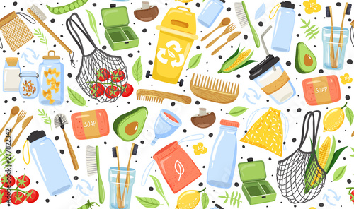 Seamless pattern with different eco objects. Shopping bag, container, cup, comb, toothbrush, cutlery, jar, soap etc. Texture for textile, wrapping paper, packaging etc. Vector on white background.