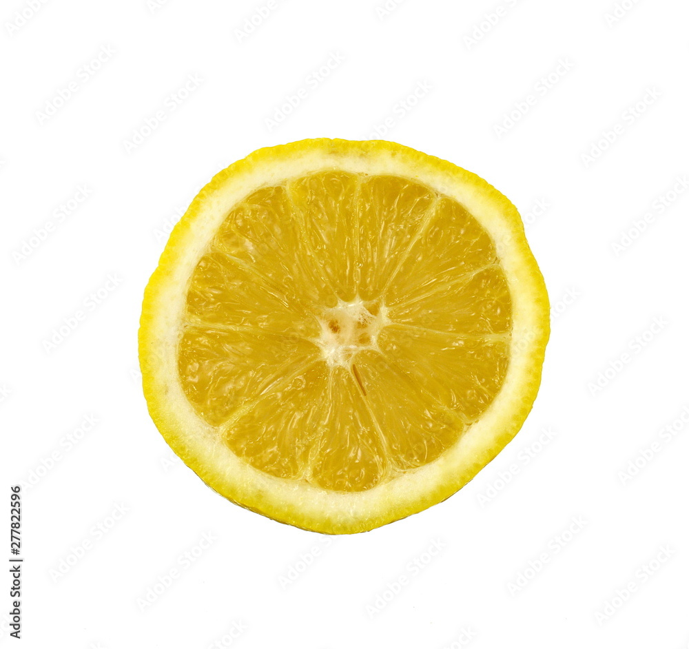 Juicy yellow slice of lemon on a white background isolated. Cut lemon fruits isolated on white background