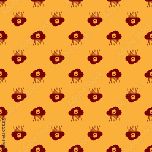 Red Cryptocurrency cloud mining icon isolated seamless pattern on brown background. Blockchain technology, bitcoin, digital money market, cryptocoin wallet. Flat design. Vector Illustration