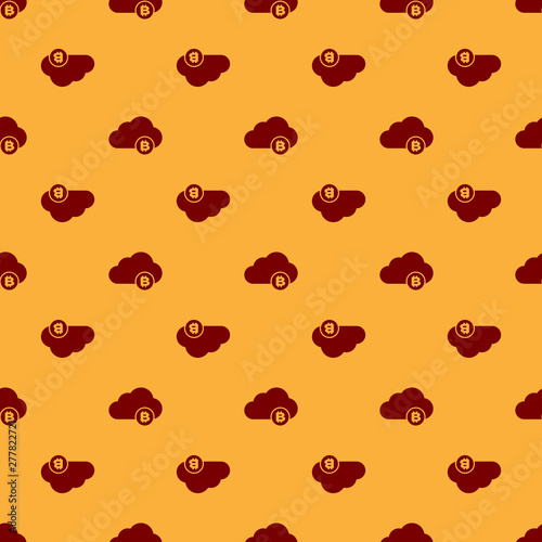 Red Cryptocurrency cloud mining icon isolated seamless pattern on brown background. Blockchain technology, bitcoin, digital money market, cryptocoin wallet. Flat design. Vector Illustration