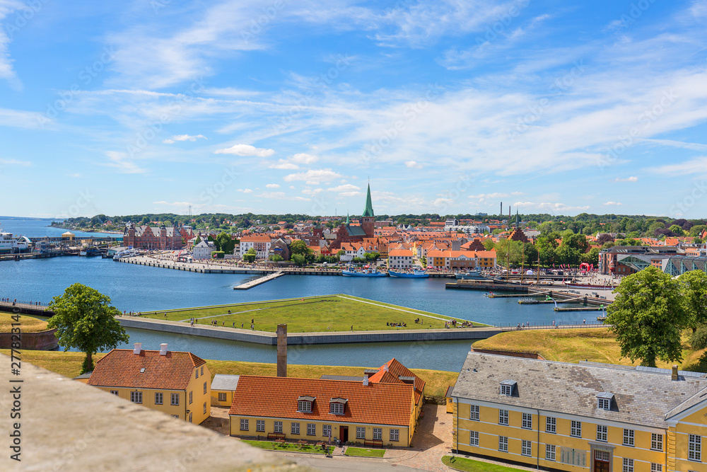 Former military barracks on the outskirts of the Kronborg castle, view of the Oresund Strait and city panorama, Helsingor, Denmark