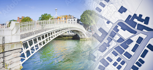 Looking for a house in Dublin - (Ireland) - concept image with the most famous bridge, called Half penny bridge, and an imaginary city map photo