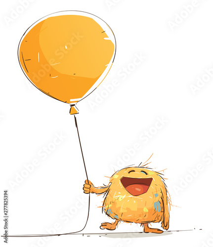 Happy little monster is holding a balloon and laughing.