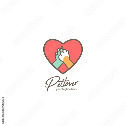 Pet lover logo, pet shop or shelter logo with dog and cat paw hi five inside love amour icon