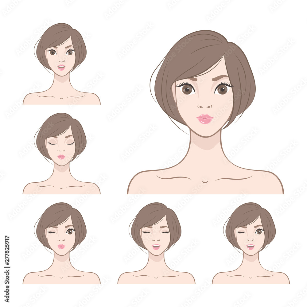 Pretty Girl with different facial expressions. Set of woman's emotions. Vector illustration of cartoon style Pretty Girl with different facial expressions. Set of woman's emotions. Vector illustration of cartoon style