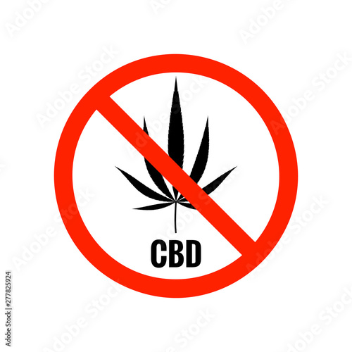 Logo with hemp leaf and text CBD. Red restricted sign