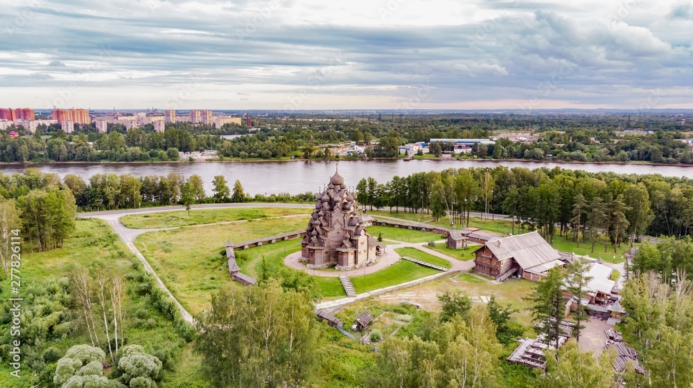 Church of the Intercession of the Theotokos in the estate of the Theologian. Nevsky forest park. The view from the helicopter.