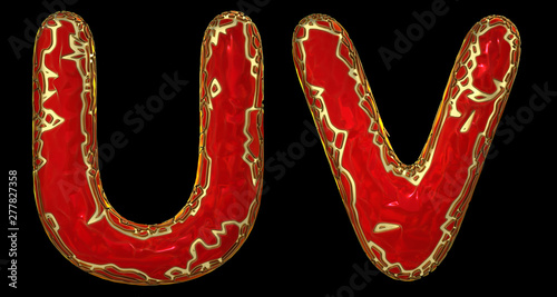 Realistic 3D letters set U, V made of gold shining metal letters.