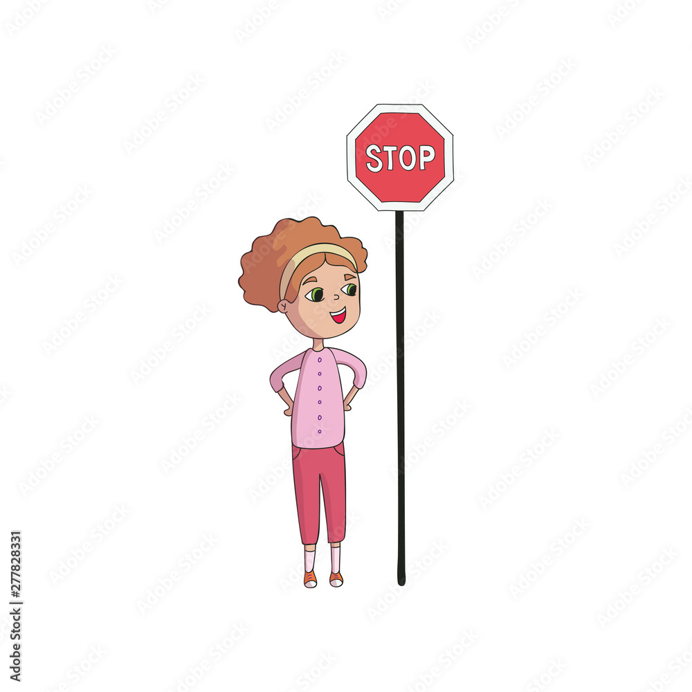 Girl stands behind the sign Stop. Vector illustration on white background. Girl stands behind the sign Stop. Vector illustration on white background.