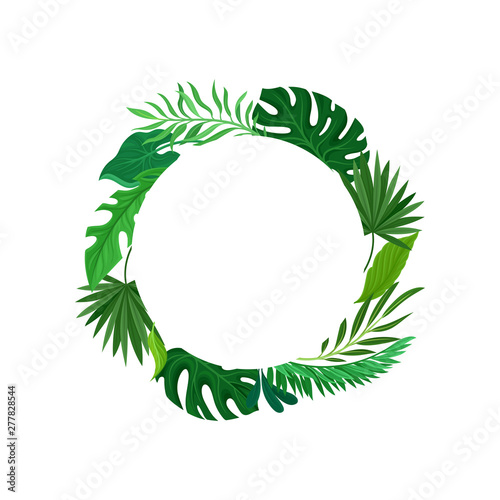 Round frame of tropical leaves. Vector illustration on white background.