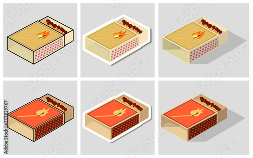 Matchbox set. Cute illustration of matchboxes in the form of: a sticker, with an outer stroke, icons with shadows. Label or logo means for igniting the fire. Vector illustration on light background.