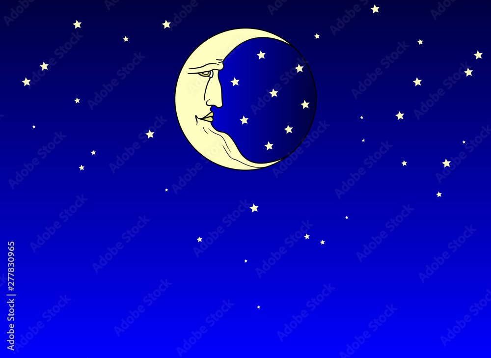 Fantastic starry sky for background and the moon with the face of an old man. Retro and folk style. Flat design Fantastic starry sky for background and the moon with the face of an old man. Retro and folk style. Flat design