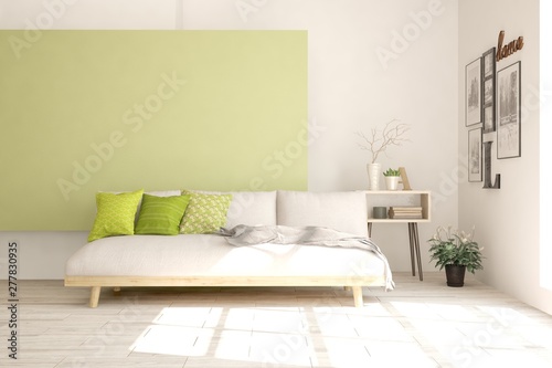 Stylish room in white color with sofa. Scandinavian interior design. 3D illustration