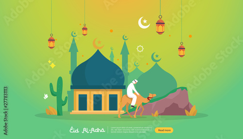 islamic design illustration concept for Happy eid al adha or sacrifice celebration event with people character for web landing page, banner, presentation, poster, ad, promotion or print media