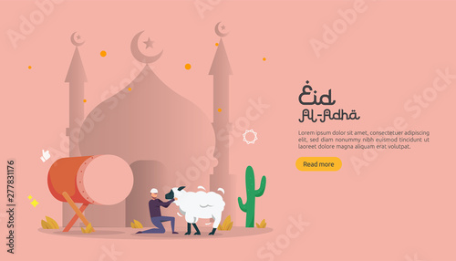 islamic design illustration concept for Happy eid al adha or sacrifice celebration event with people character for web landing page, banner, presentation, poster, ad, promotion or print media