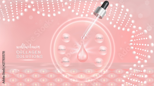 Hyaluronic acid plus multivitamins and minerals skin solutions ad, pink collagen serum drop with cosmetic advertising background ready to use, illustration vector.