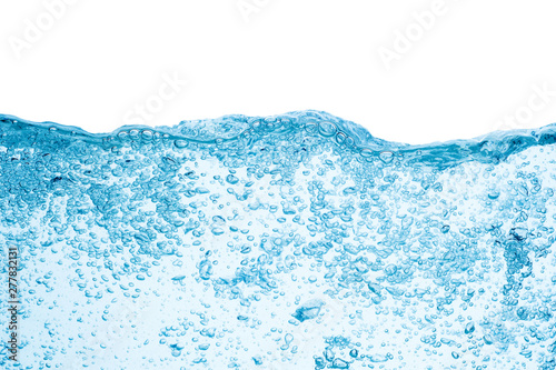 blue water surface with splash, waves and air bubbles on white background